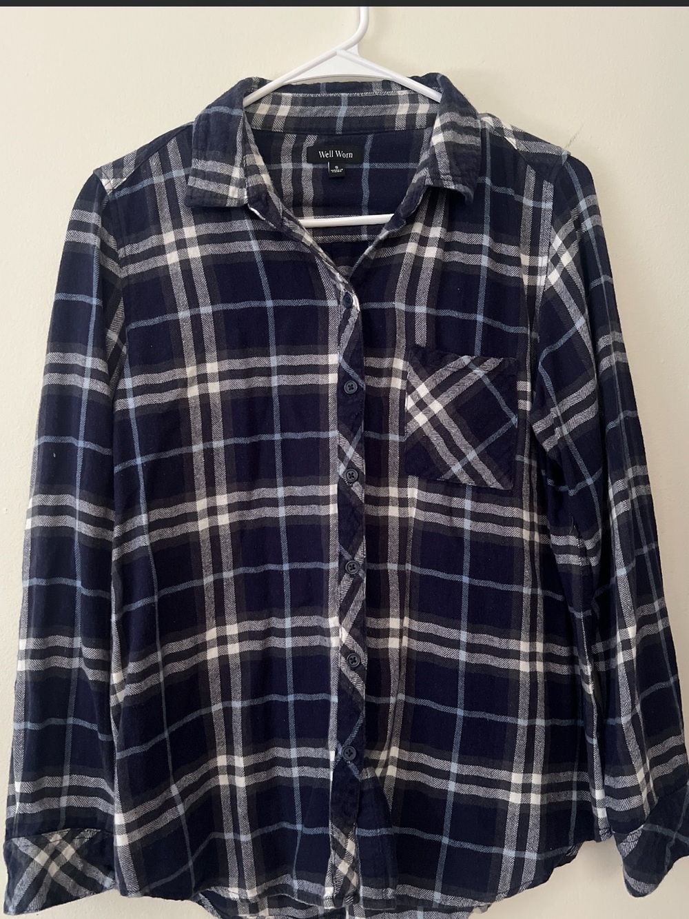 Well Worn Navy & White Plaid Flannel Shirt